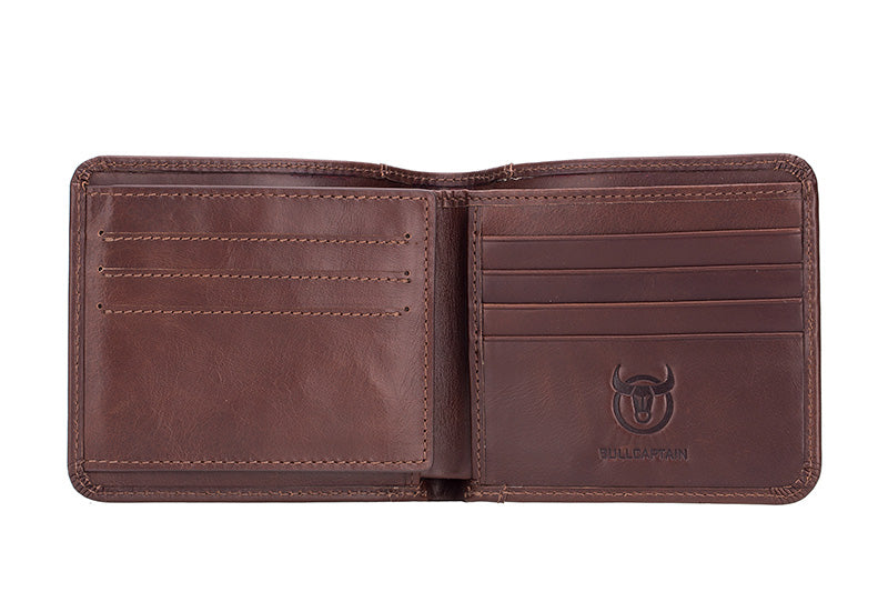 Mens Cowhide Leather Trifold RFID Wallet Slim with 2 ID Windows Coffee