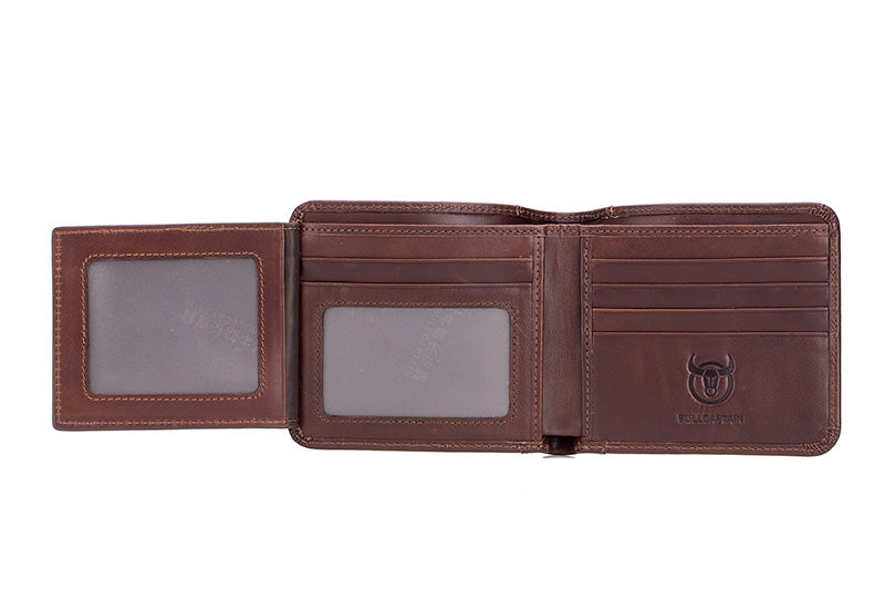 Mens Cowhide Leather Trifold RFID Wallet Slim with 2 ID Windows Coffee