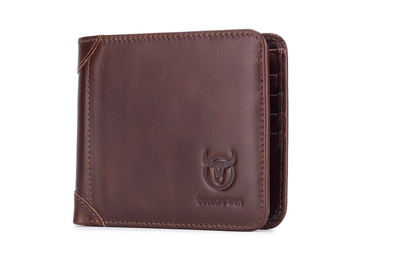 Mens Cowhide Leather Trifold RFID Wallet Slim with 2 ID Windows Coffee
