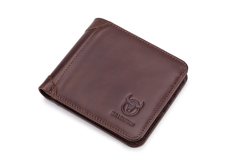 Mens Cowhide Leather Trifold RFID Wallet Slim with 2 ID Windows Coffee