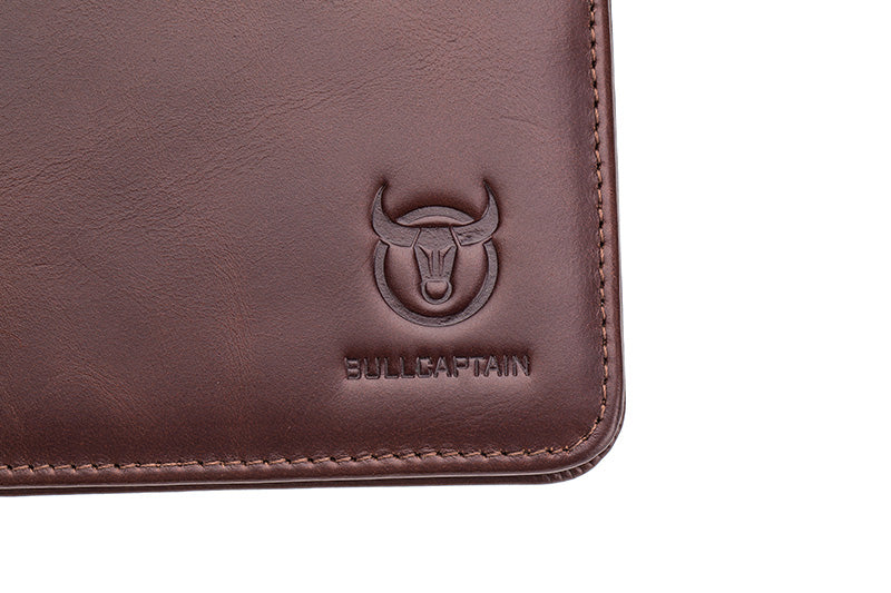 Mens Cowhide Leather Trifold RFID Wallet Slim with 2 ID Windows Coffee
