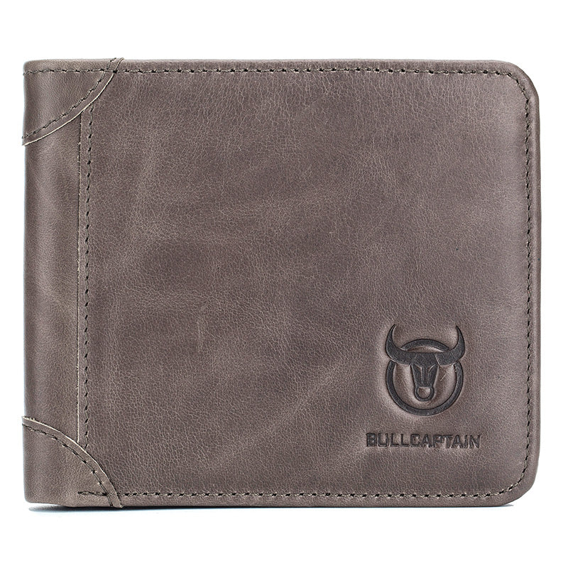 Mens Cowhide Leather Trifold RFID Wallet Slim with 2 ID Windows Grey