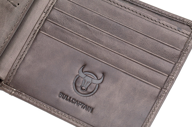 Mens Cowhide Leather Trifold RFID Wallet Slim with 2 ID Windows Grey