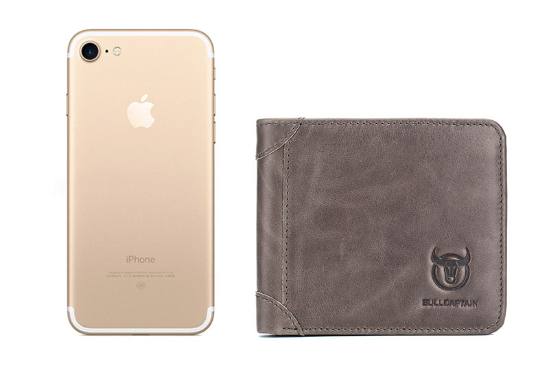 Mens Cowhide Leather Trifold RFID Wallet Slim with 2 ID Windows Grey