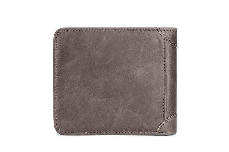 Mens Cowhide Leather Trifold RFID Wallet Slim with 2 ID Windows Grey