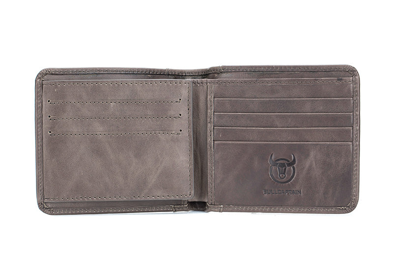 Mens Cowhide Leather Trifold RFID Wallet Slim with 2 ID Windows Grey