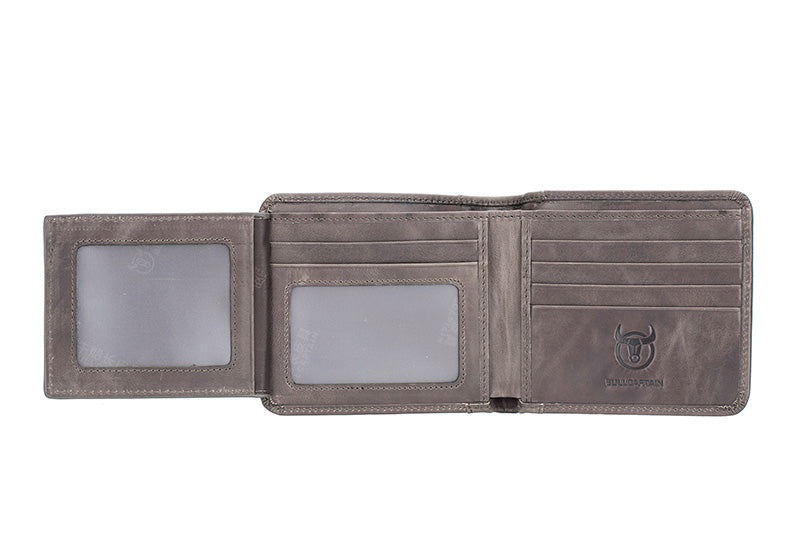 Mens Cowhide Leather Trifold RFID Wallet Slim with 2 ID Windows Grey
