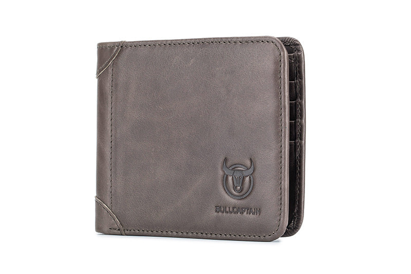Mens Cowhide Leather Trifold RFID Wallet Slim with 2 ID Windows Grey