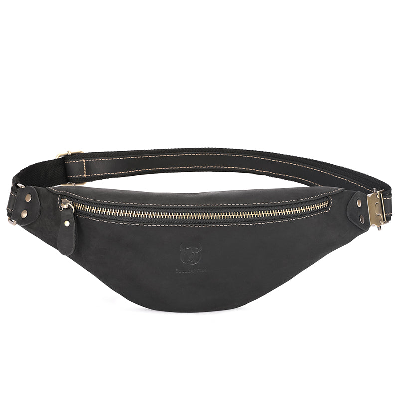 Mens Crazy Horse Leather Fanny Pack Belt Phone Waist Bag Black