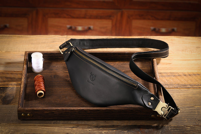 Mens Crazy Horse Leather Fanny Pack Belt Phone Waist Bag Black