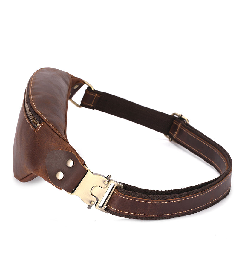 Mens Crazy Horse Leather Fanny Pack Belt Phone Waist Bag Brown