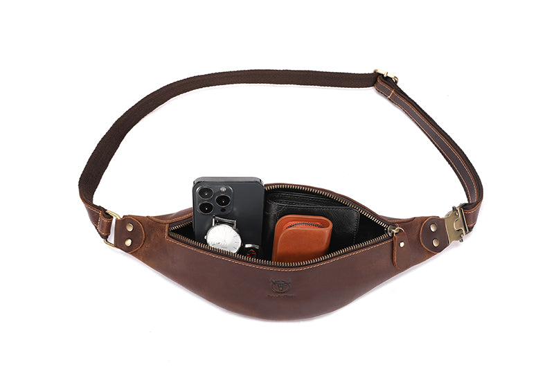 Mens Crazy Horse Leather Fanny Pack Belt Phone Waist Bag Brown