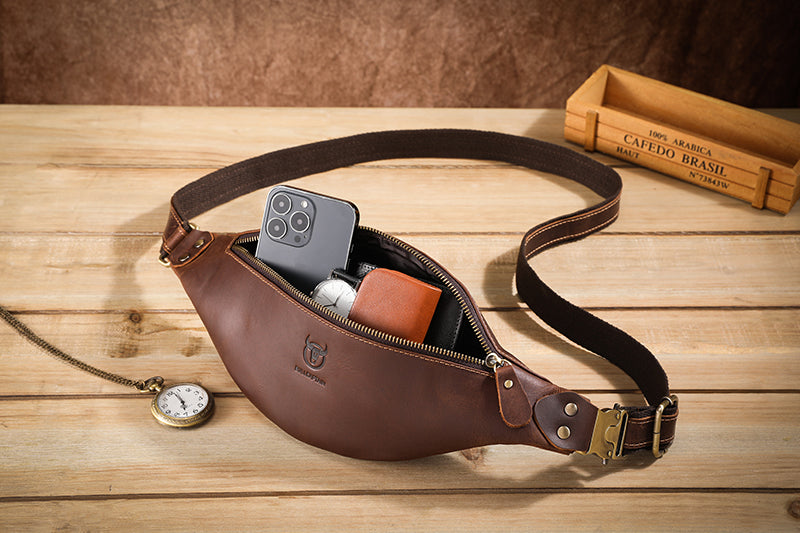 Mens Crazy Horse Leather Fanny Pack Belt Phone Waist Bag Brown