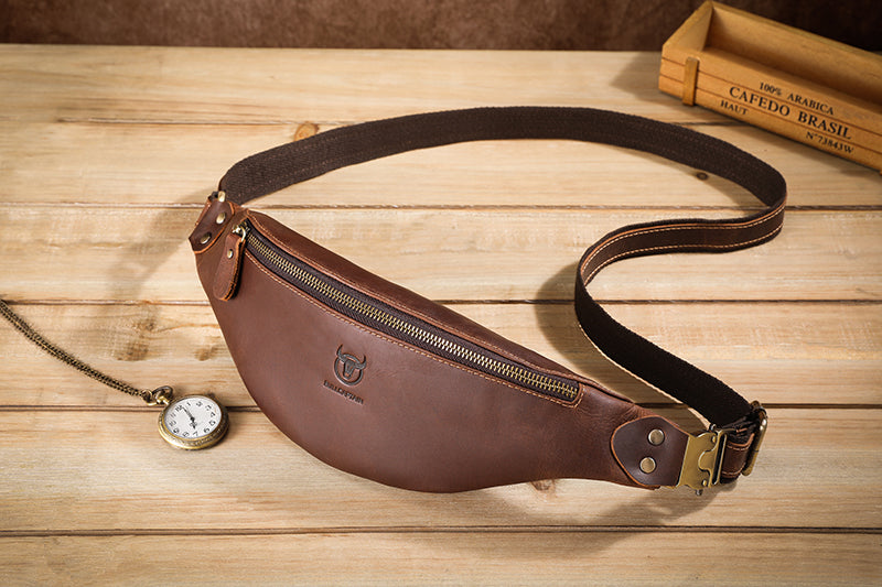 Mens Crazy Horse Leather Fanny Pack Belt Phone Waist Bag Brown 