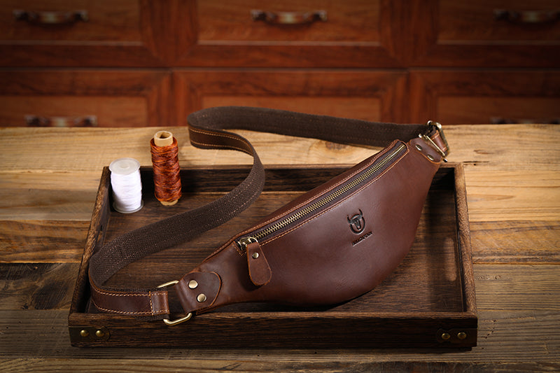Mens Crazy Horse Leather Fanny Pack Belt Phone Waist Bag Brown