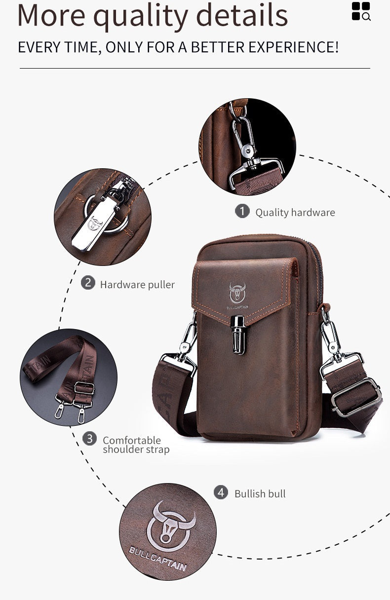 Mens Crazy Horse Leather Waist Belt Bag Phone Fanny Packs Brown