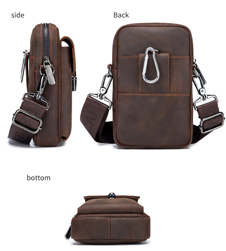 Men's Crazy Horse Leather Waist Belt Bag Phone Fanny Packs Brown