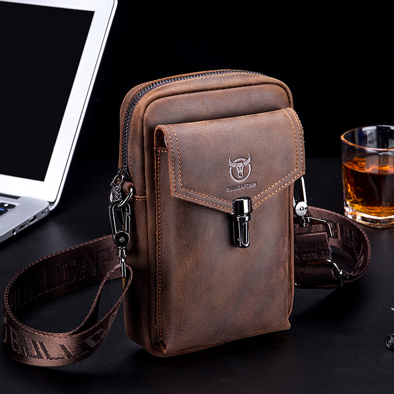 Mens Crazy Horse Leather Waist Belt Bag Phone Fanny Packs Brown