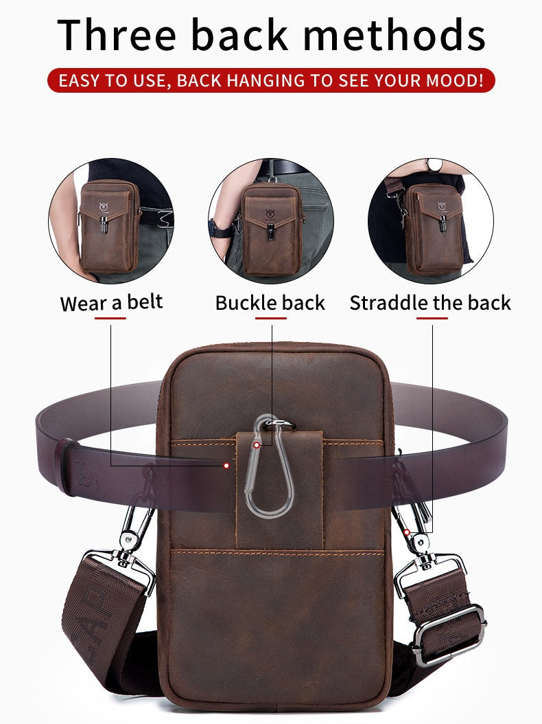 Mens Crazy Horse Leather Waist Belt Bag Phone Fanny Packs Brown