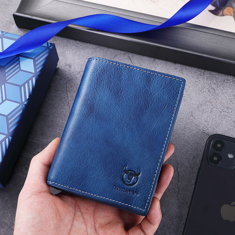 Mens Genuine Leather Bifold Wallet RFID Blocking Credit Card Holder Blue