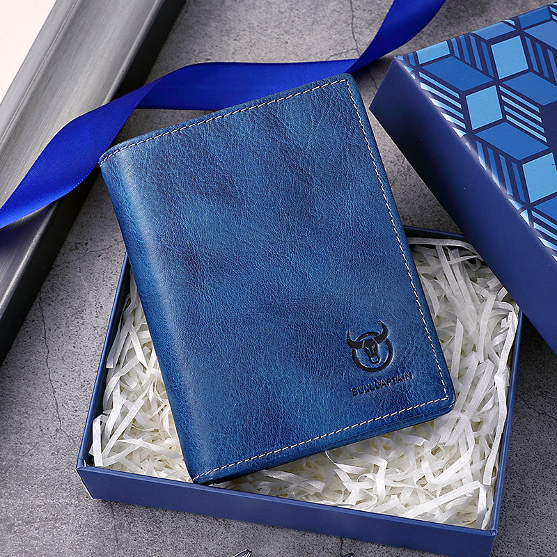 Mens Genuine Leather Bifold Wallet RFID Blocking Credit Card Holder Blue