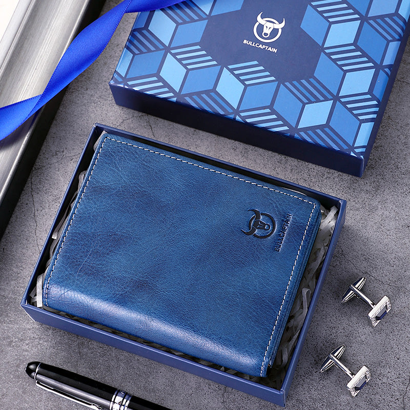 Mens Genuine Leather Bifold Wallet RFID Blocking Credit Card Holder Blue
