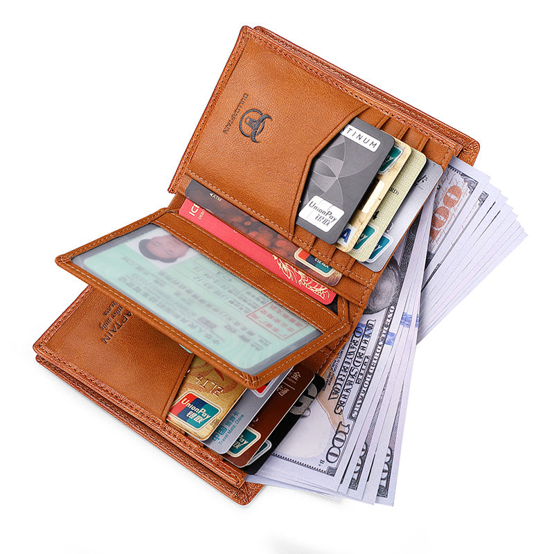 Mens Genuine Leather Bifold Wallet RFID Blocking Credit Card Holder Coffee Brown