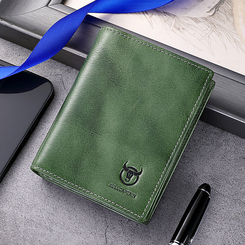 Mens Genuine Leather Bifold Wallet RFID Blocking Credit Card Holder Coffee Green