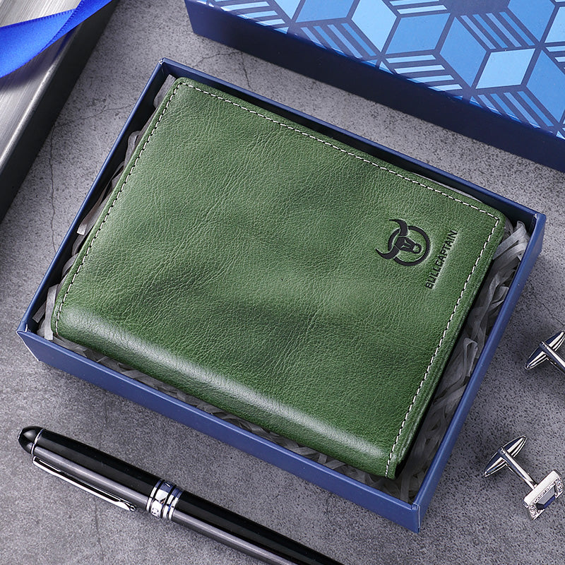 Mens Genuine Leather Bifold Wallet RFID Blocking Credit Card Holder Coffee Green