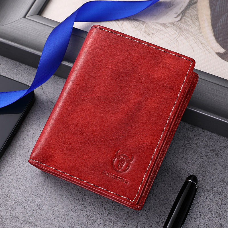 Mens Genuine Leather Bifold Wallet RFID Blocking Credit Card Holder Coffee Red