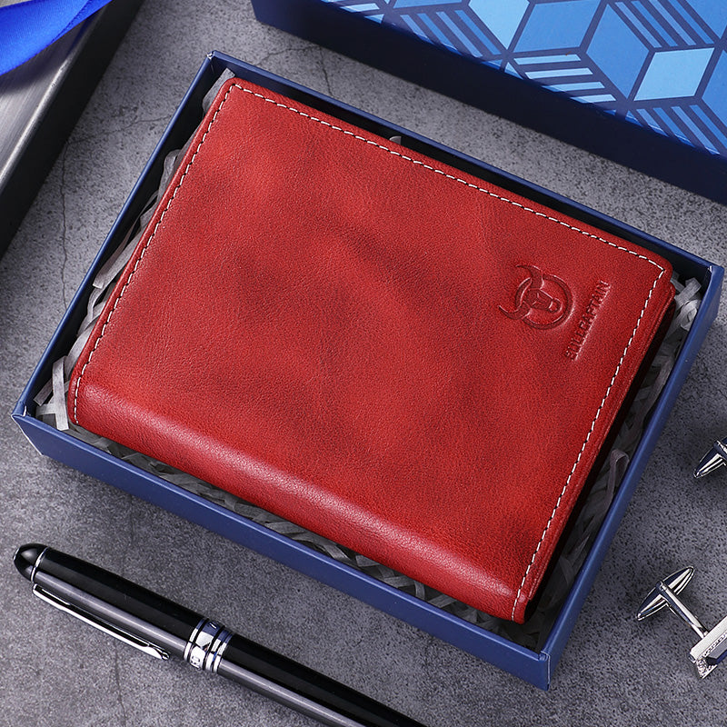 Mens Genuine Leather Bifold Wallet RFID Blocking Credit Card Holder Coffee Red
