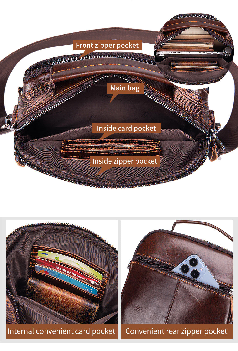 Mens Genuine Leather Shoulder Bag Messenger Briefcase CrossBody Bag Coffee