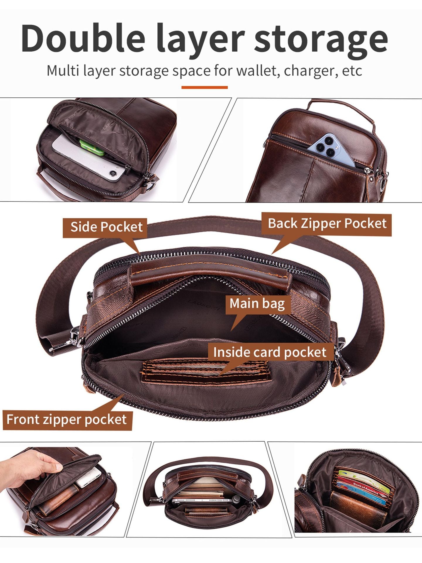 Mens Genuine Leather Shoulder Bag Messenger Briefcase CrossBody Bag Coffee