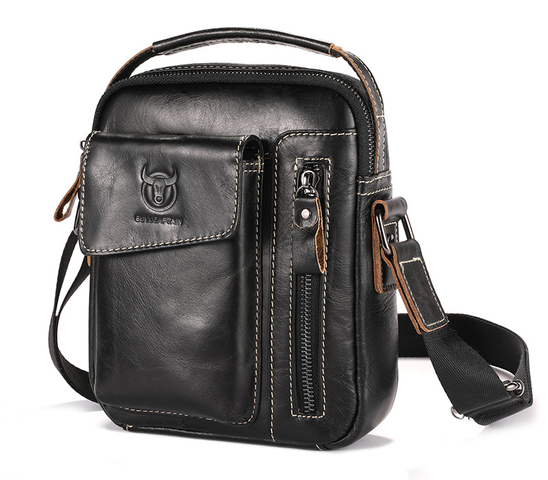 Men's Genuine Leather Sling Bag Small Shoulder Crossbody Messenger Handbag Black