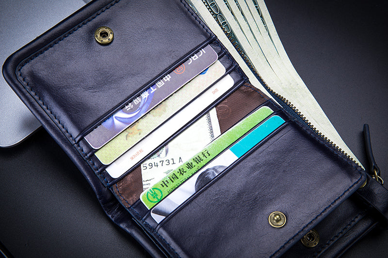 Mens Genuine Leather Wallet Extra Capacity Billfold with 14 Card Slots Blue