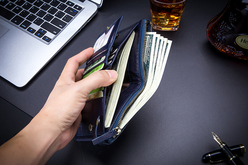 Mens Genuine Leather Wallet Extra Capacity Billfold with 14 Card Slots Blue