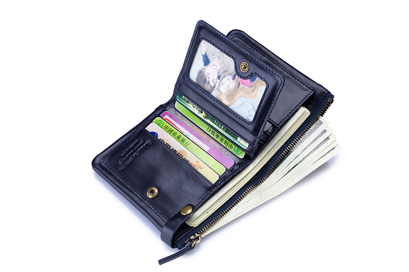 Mens Genuine Leather Wallet Extra Capacity Billfold with 14 Card Slots Blue
