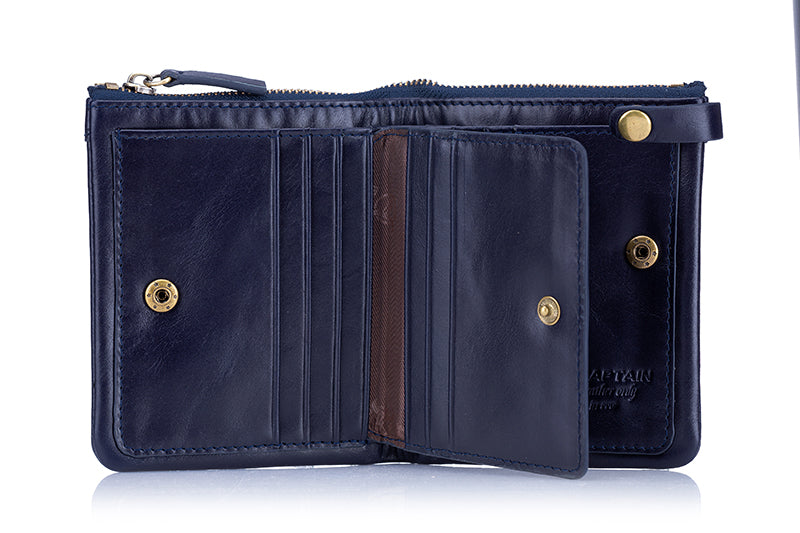Mens Genuine Leather Wallet Extra Capacity Billfold with 14 Card Slots Blue