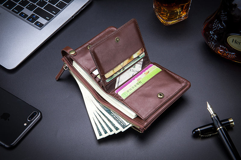 Mens Genuine Leather Wallet Extra Capacity Billfold with 14 Card Slots Coffee