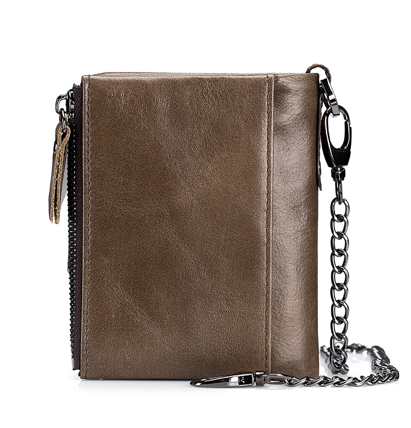 Men's Genuine Leather Wallet RFID Blocking Bifold Wallet With Chain Coffee