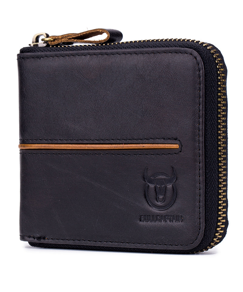 Mens Genuine Leather Zipper Wallet RFID Secure Multi-card Coin Purse Black