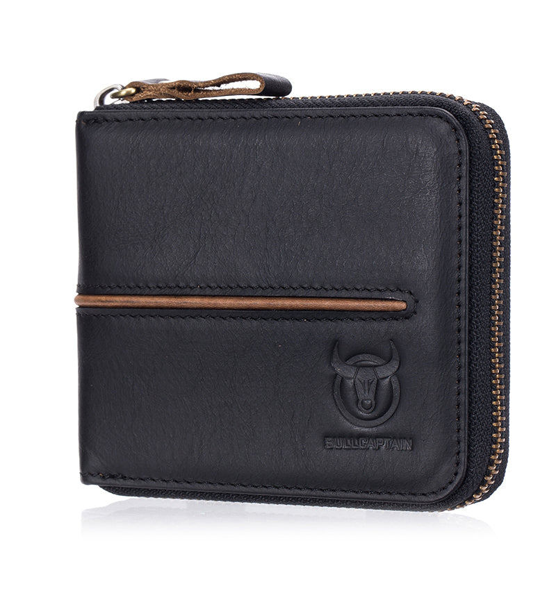 Mens Genuine Leather Zipper Wallet RFID Secure Multi-card Coin Purse Black