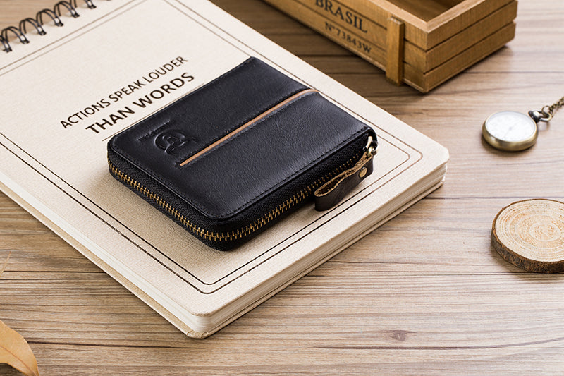 Mens Genuine Leather Zipper Wallet RFID Secure Multi-card Coin Purse Black