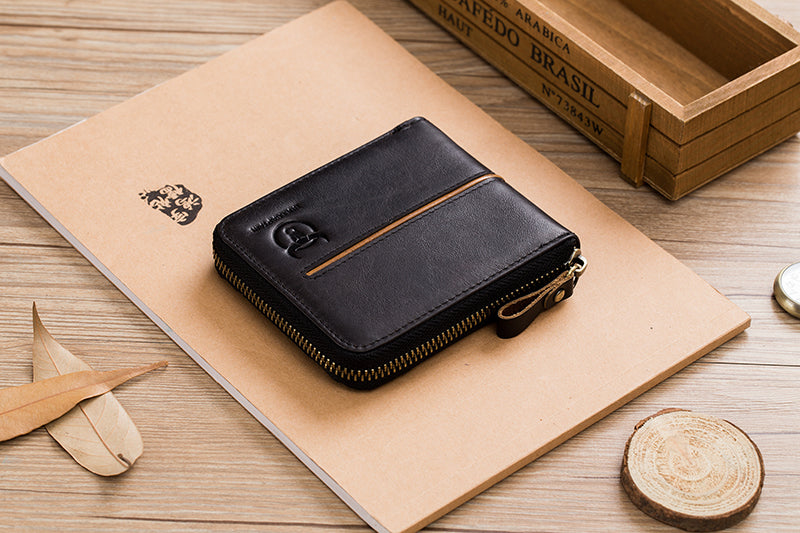 Mens Genuine Leather Zipper Wallet RFID Secure Multi-card Coin Purse Black