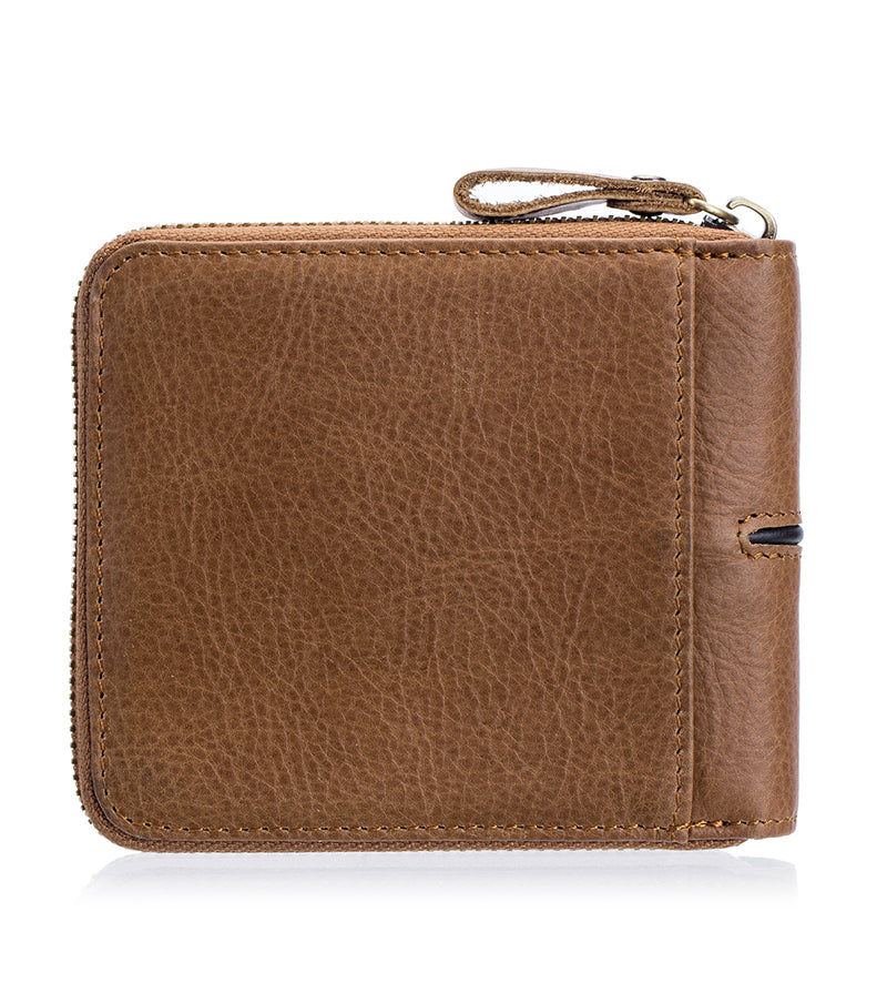Mens Genuine Leather Zipper Wallet RFID Secure Multi-card Coin Purse Brown