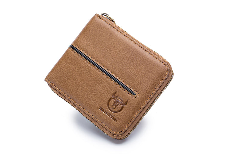 Mens Genuine Leather Zipper Wallet RFID Secure Multi-card Coin Purse Brown