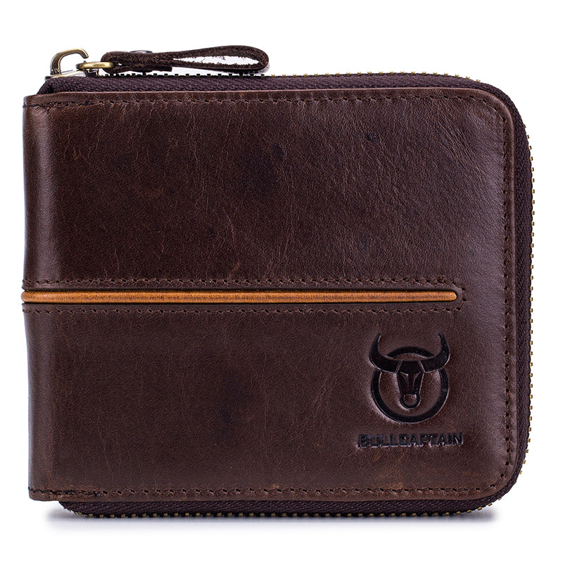 Mens Genuine Leather Zipper Wallet RFID Secure Multi-card Coin Purse Coffee