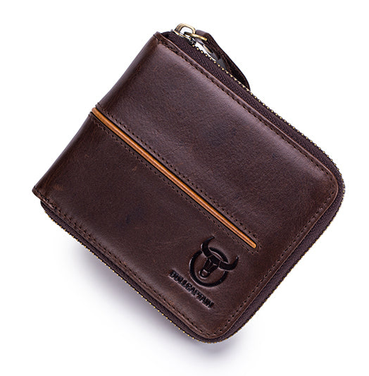 Mens Genuine Leather Zipper Wallet RFID Secure Multi-card Coin Purse Coffee