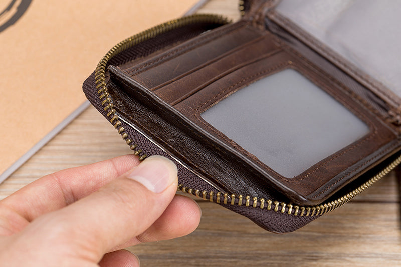 Mens Genuine Leather Zipper Wallet RFID Secure Multi-card Coin Purse Coffee