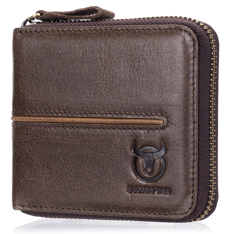 Mens Genuine Leather Zipper Wallet RFID Secure Multi-card Coin Purse Coffee